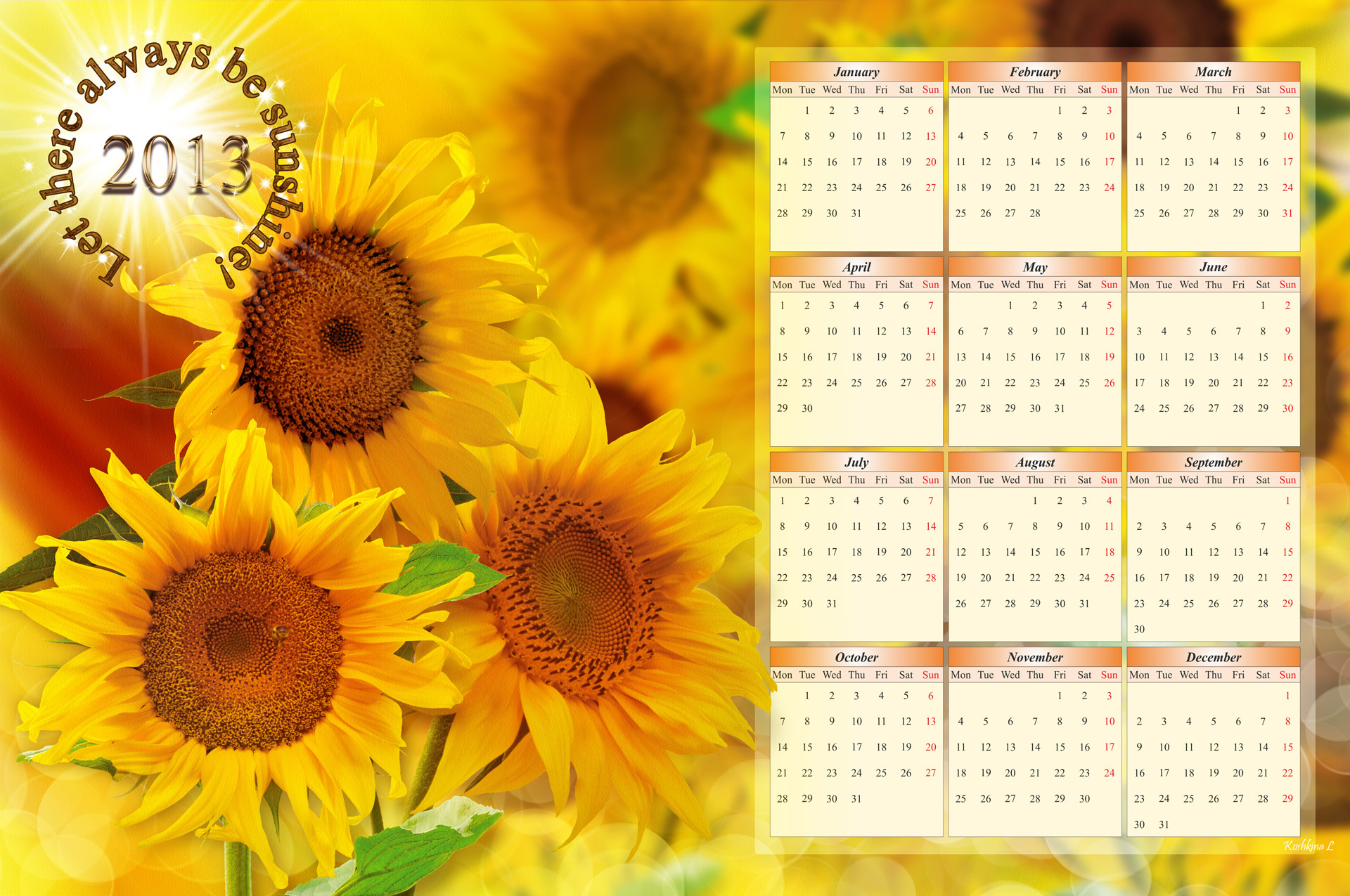 calendar 2013 sunflowers free photo