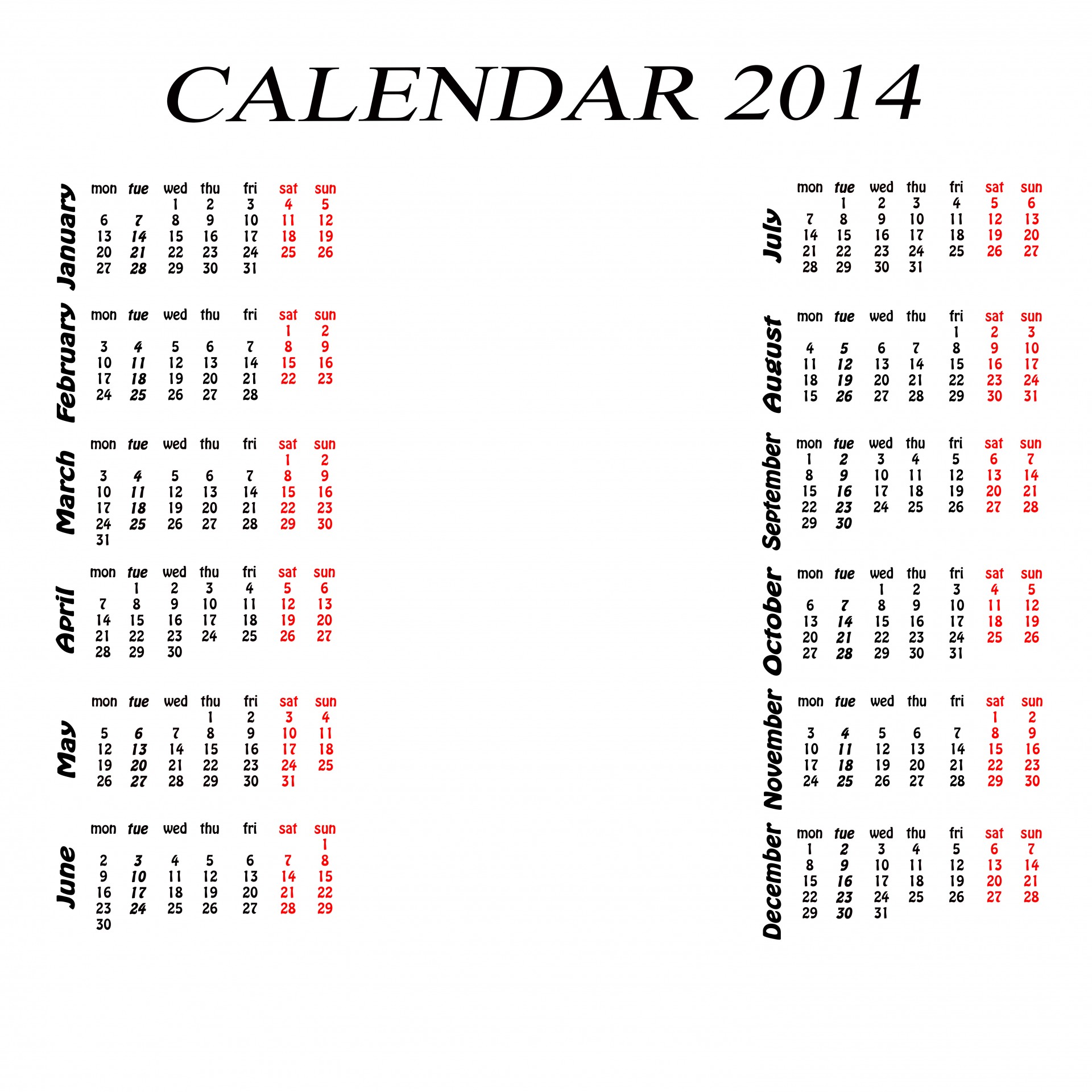 calendar 2014 white black free photo