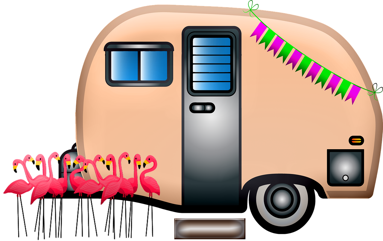 caravan  travel trailer  flamingos free photo