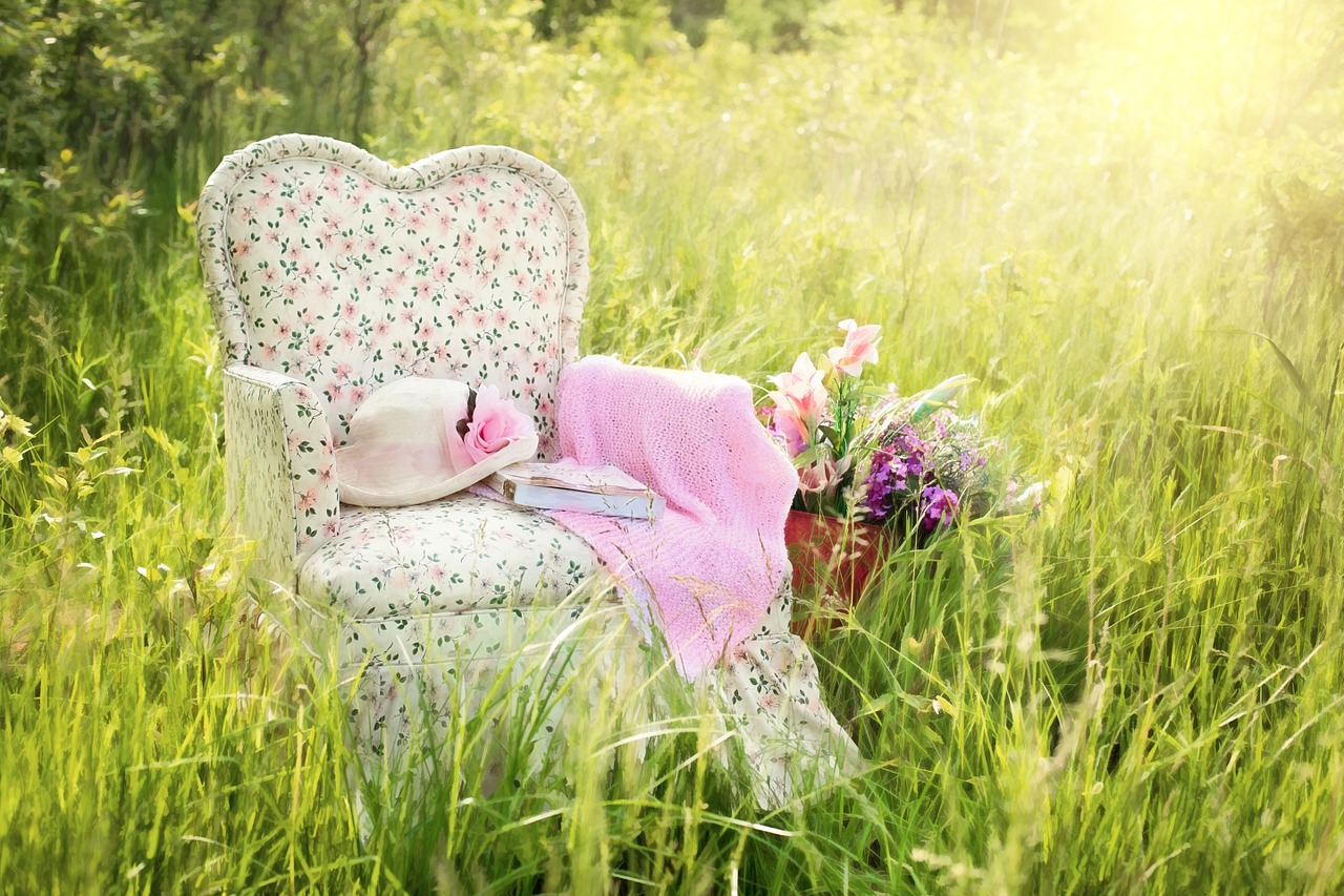 chair in field floral chair pink free photo