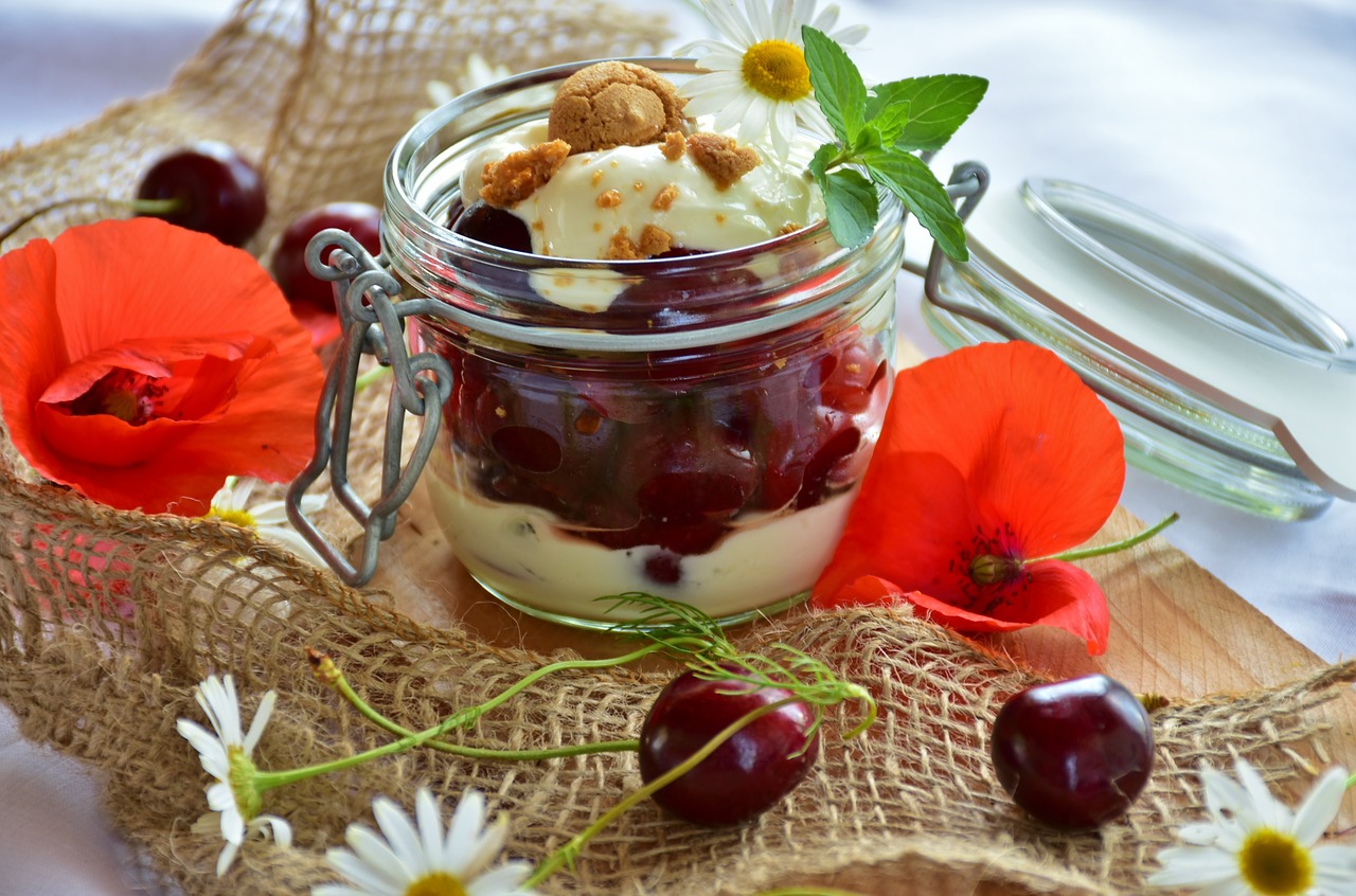 cherries cherry dessert cream free photo