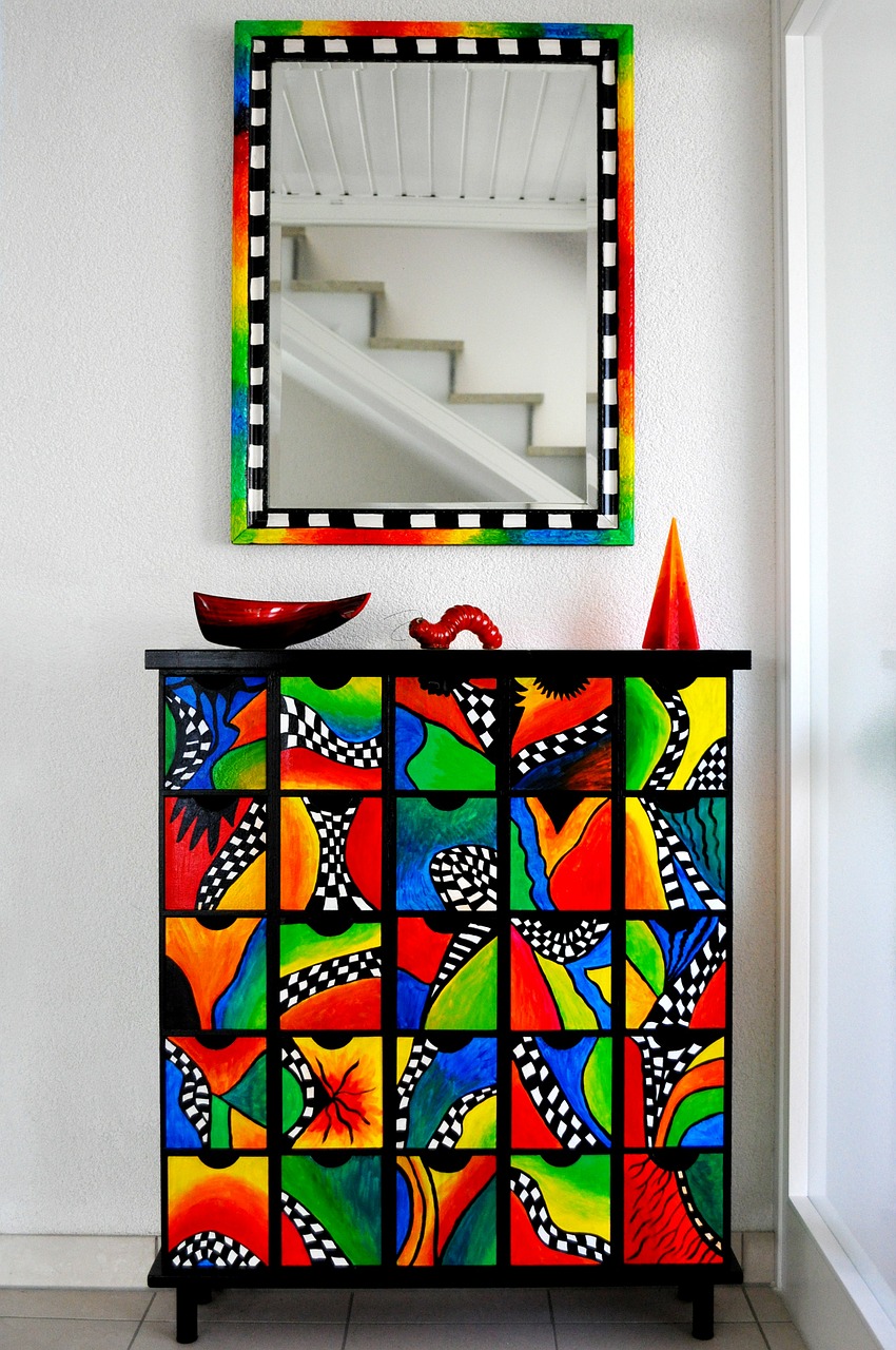 chest of drawers mirror colorful free photo