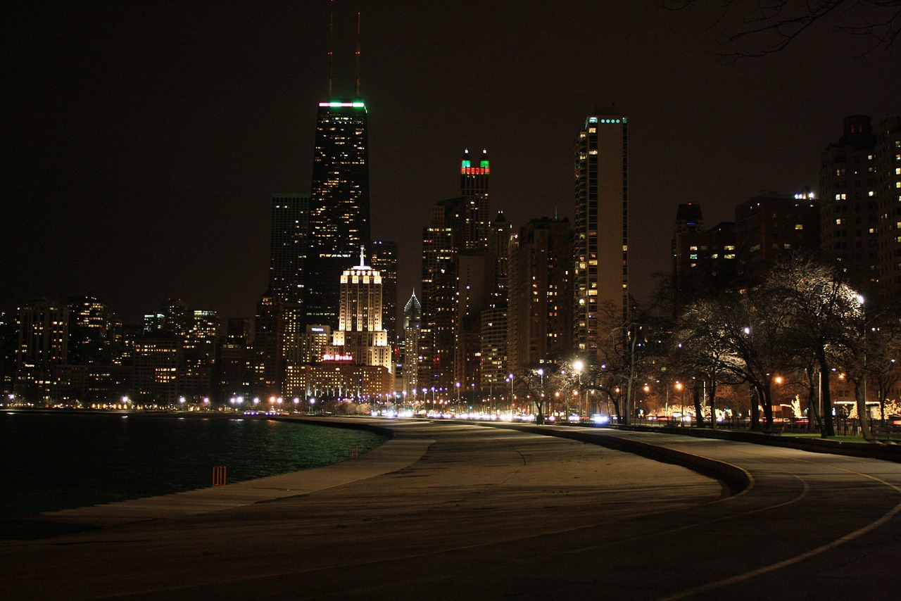 chicago night view buildings free photo