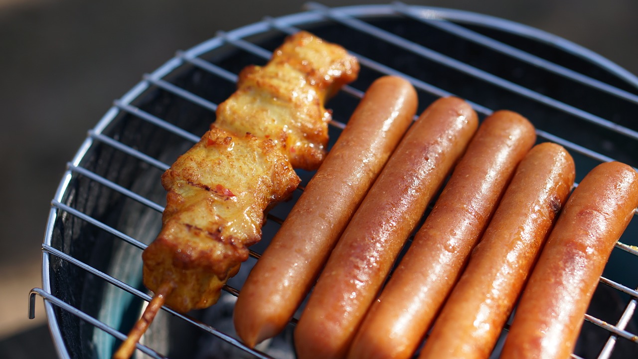 chicken skewers hotdogs sausage free photo