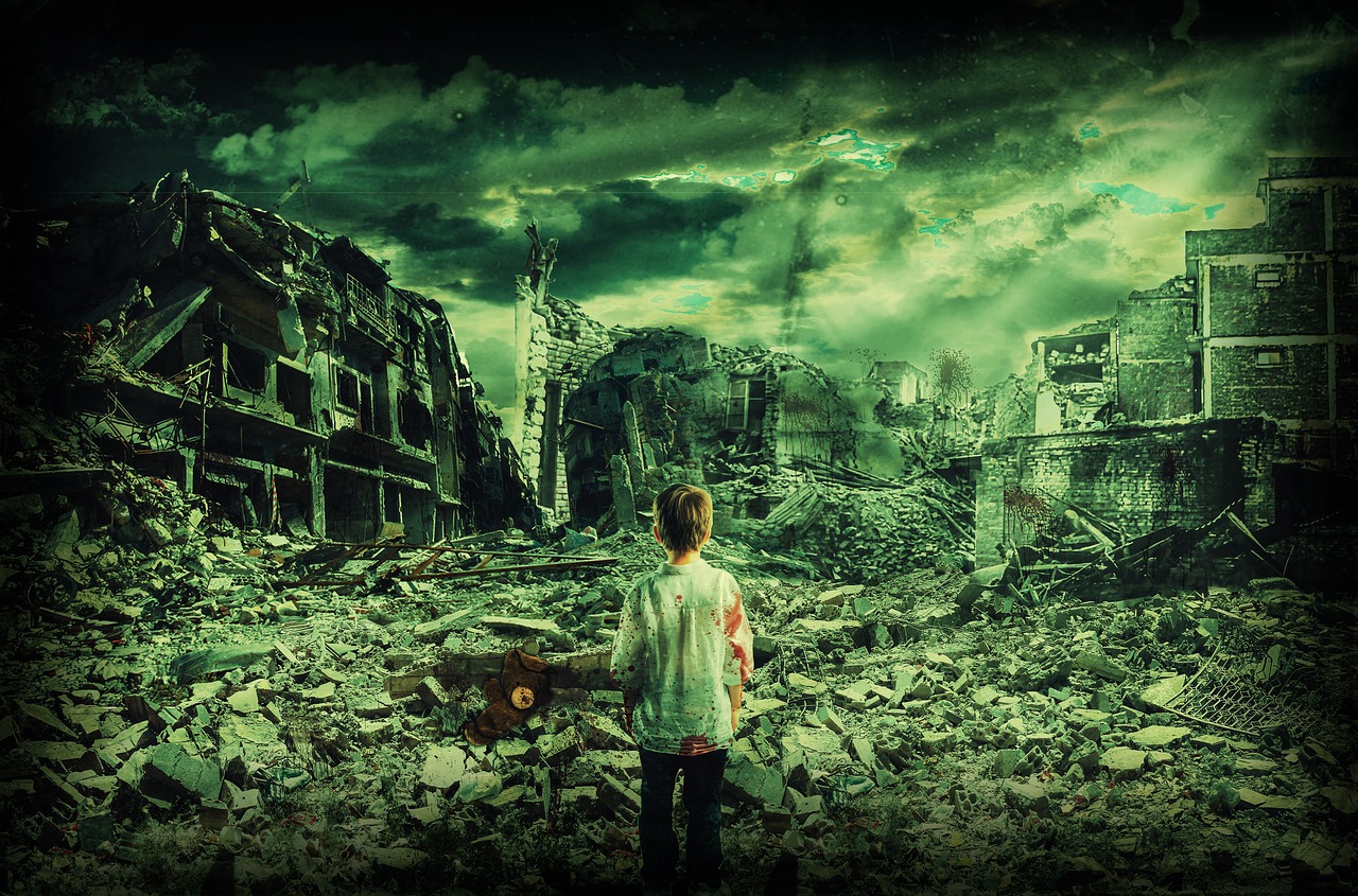 child lost in war destroyed city free photo