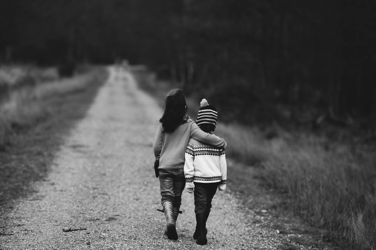 children walking road free photo