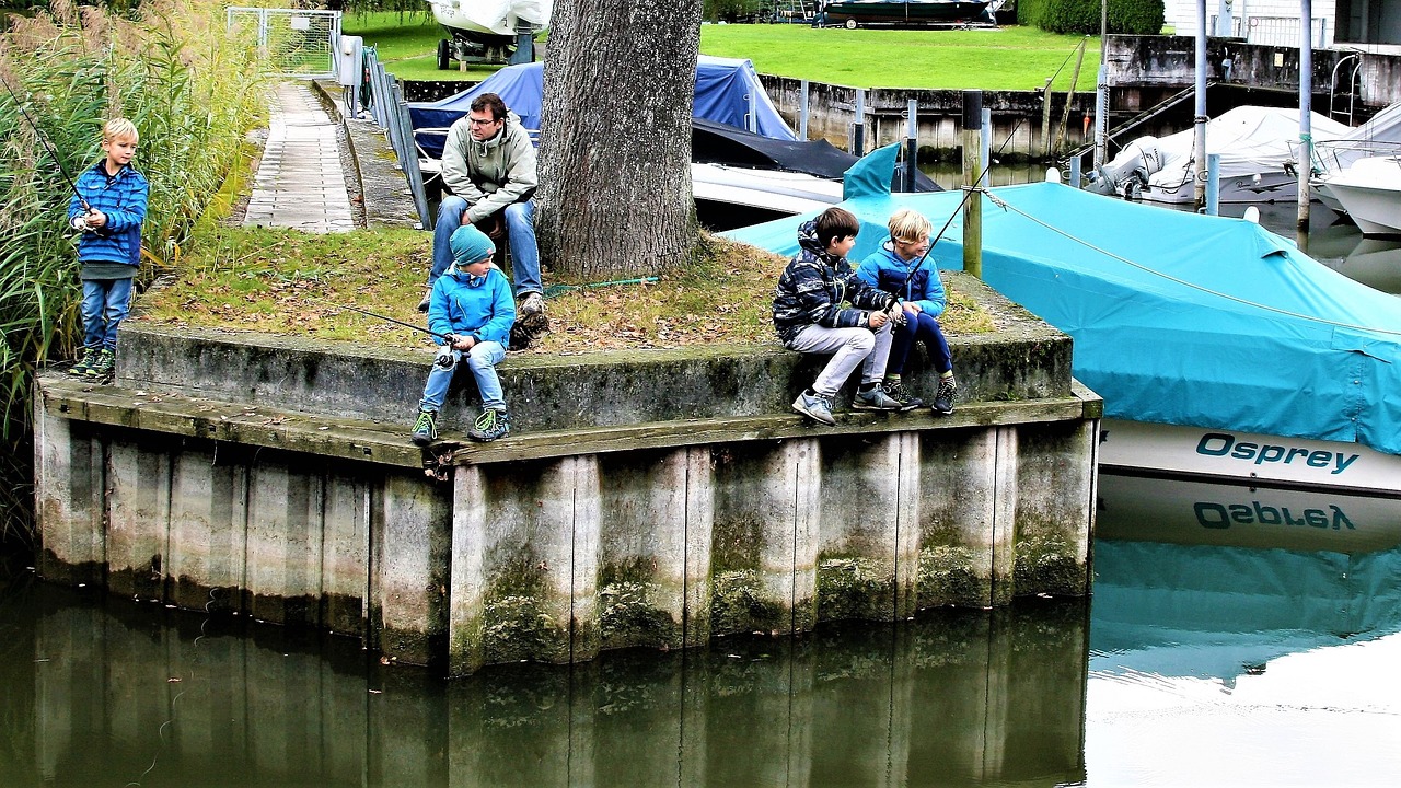 children fishing bridge free photo