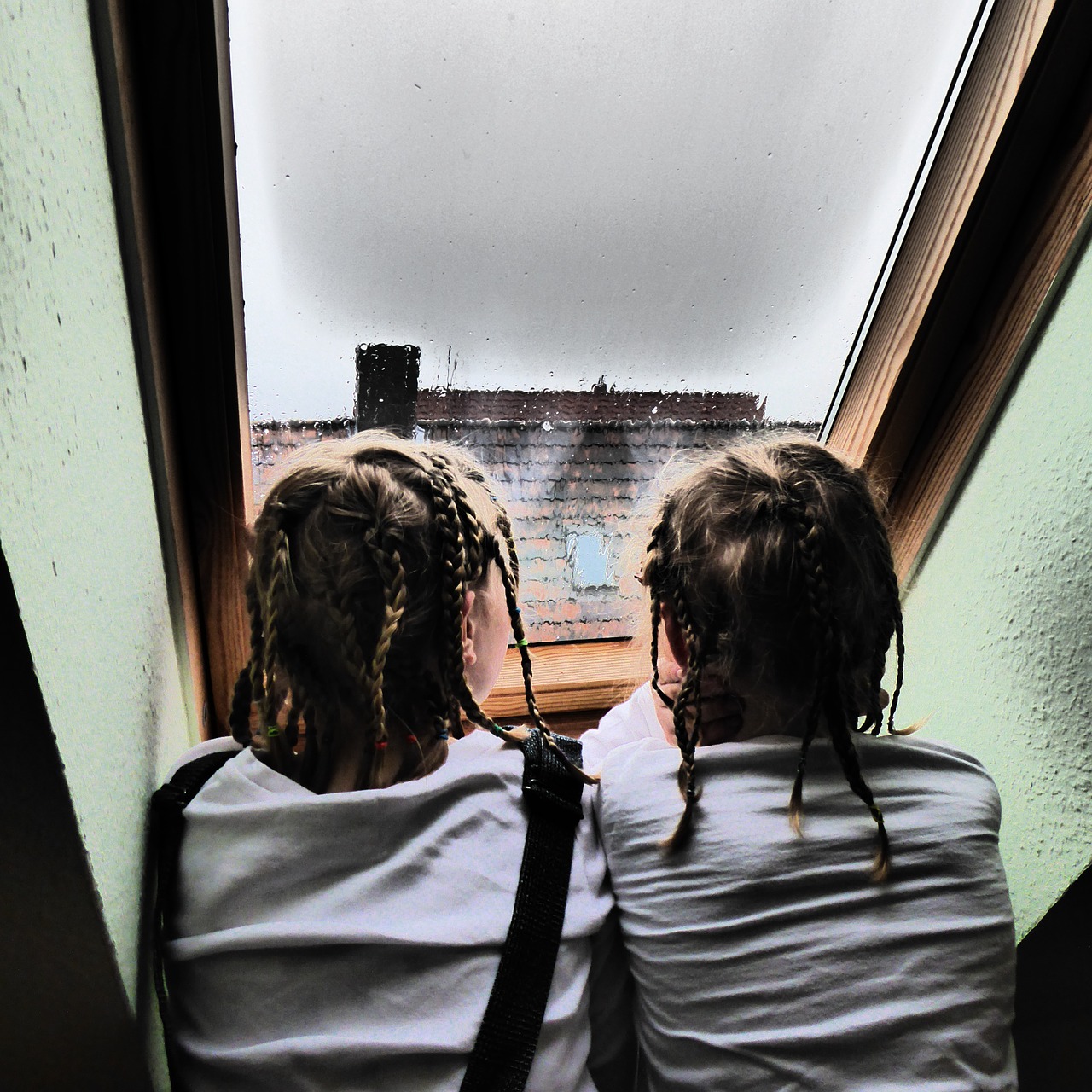 children rainy weather roof windows free photo