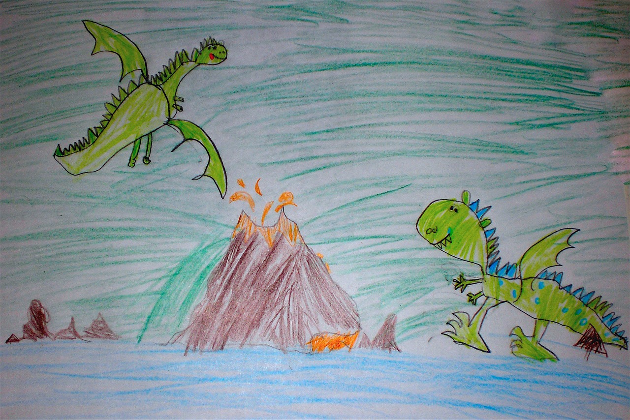 children drawing dragons volcano free photo