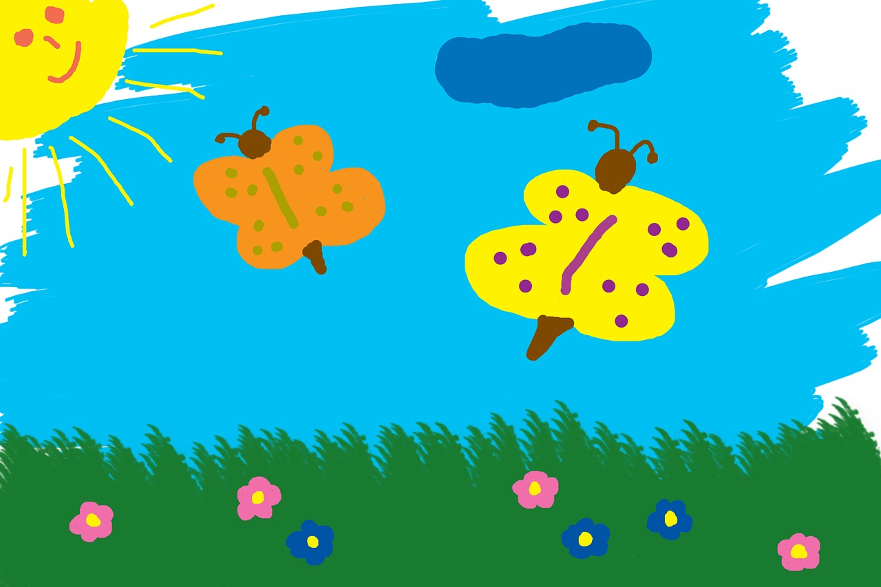 children drawing butterflies meadow free photo