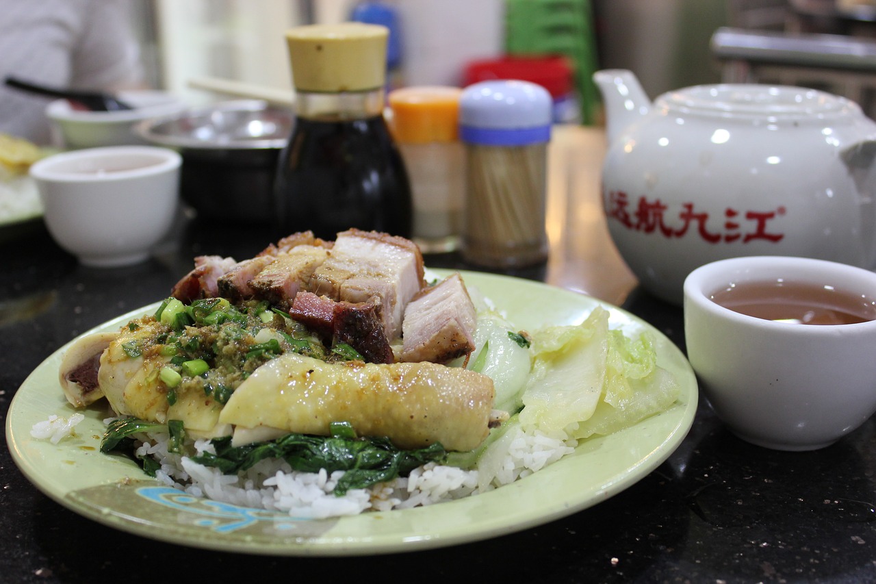 chinese food chicken and rice rice crispy pork free photo