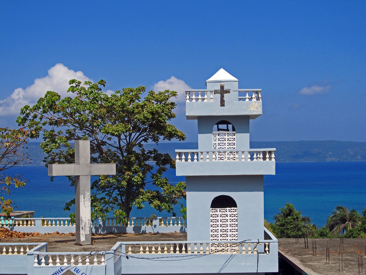 Download free photo of Church, church haiti, haiti, blue sea, blue sky ...