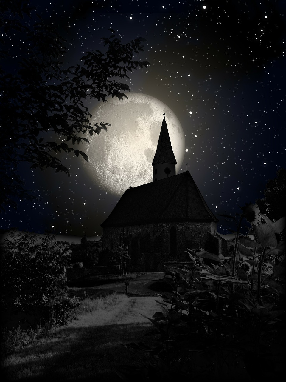 church moon night free photo