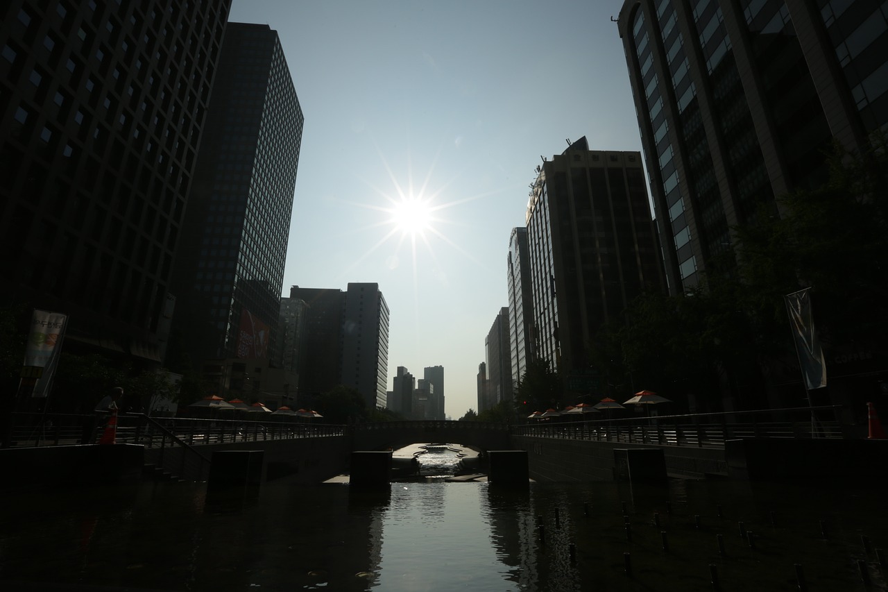 city sunrise seoul cheonggyecheon stream free photo