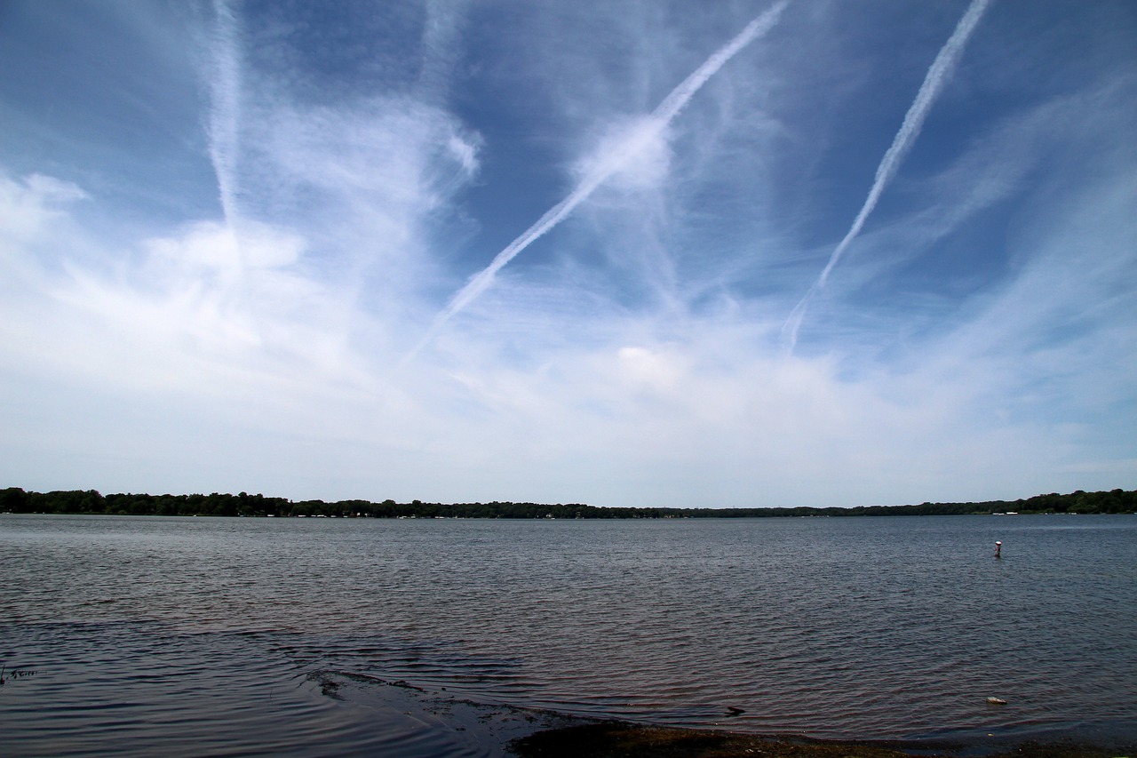 clouds lake contrails free photo