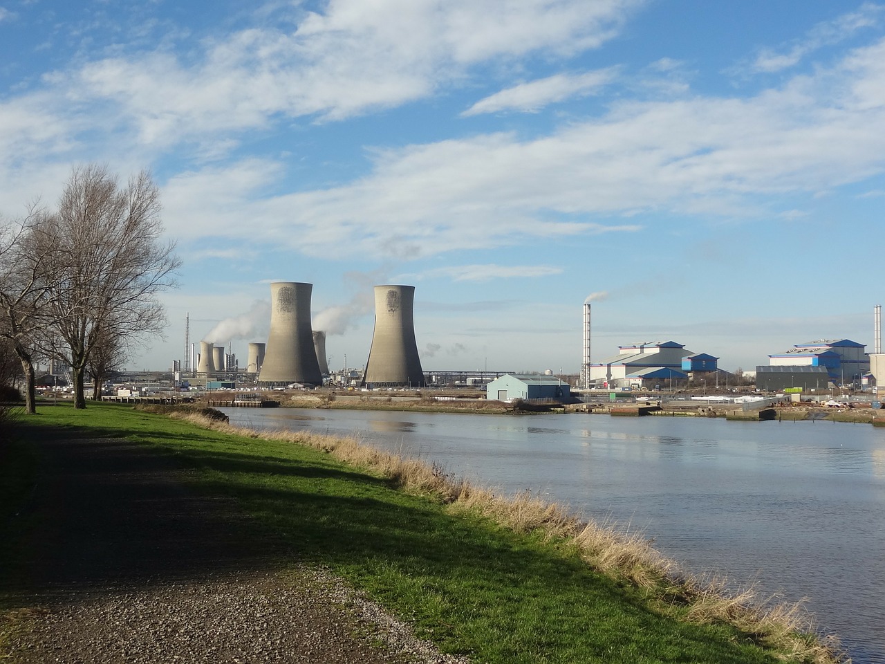 cooling towers river industry free photo