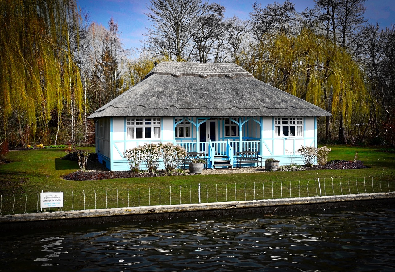 cottage thatched roof canal free photo