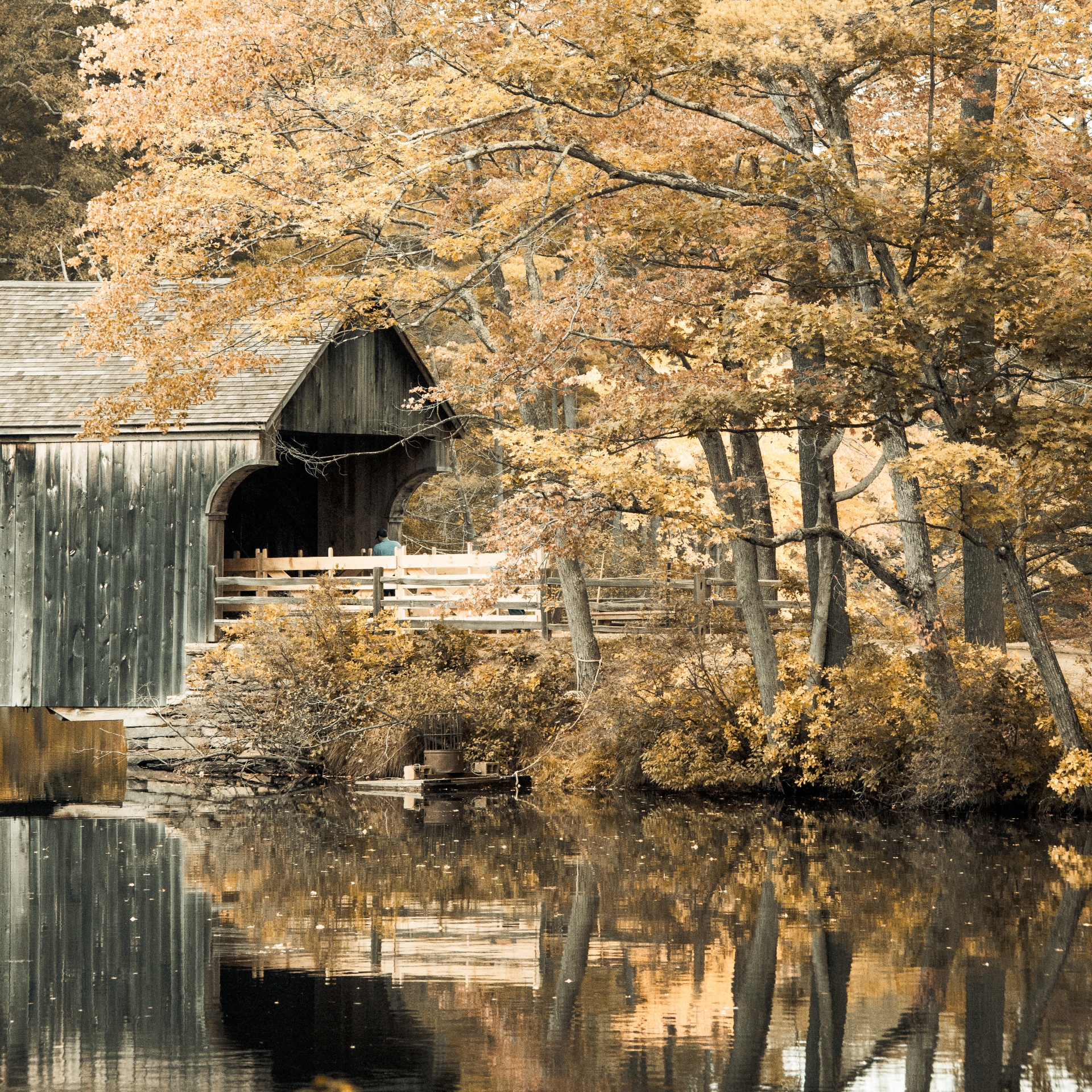 autumn countryside covered bridge free photo