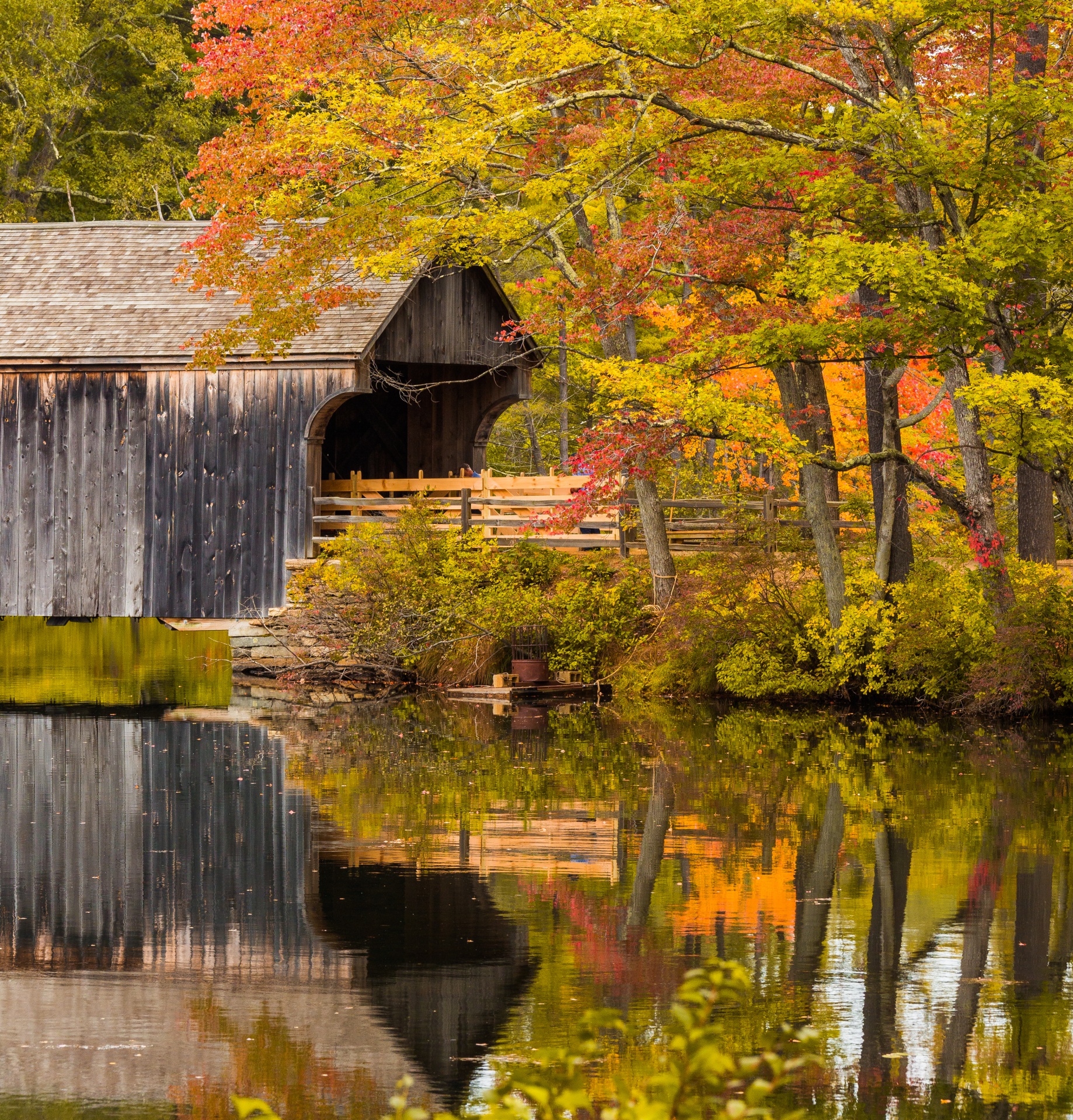 autumn countryside covered bridge free photo