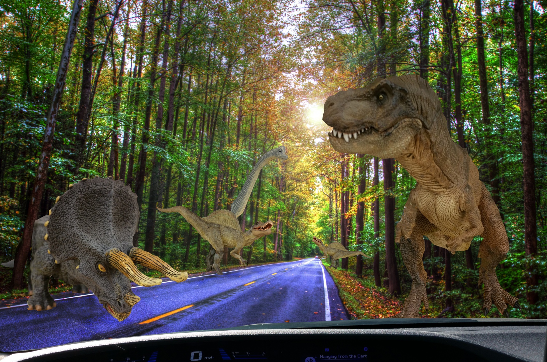 dinosaurs road highway free photo