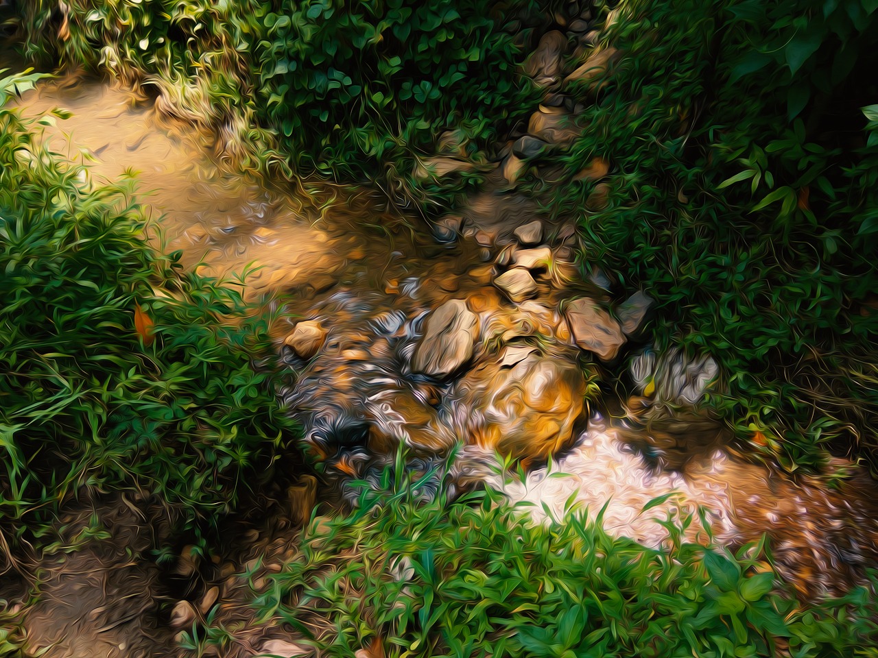 Ditch,water stream,green,oil paint filter,photoshop - free image from