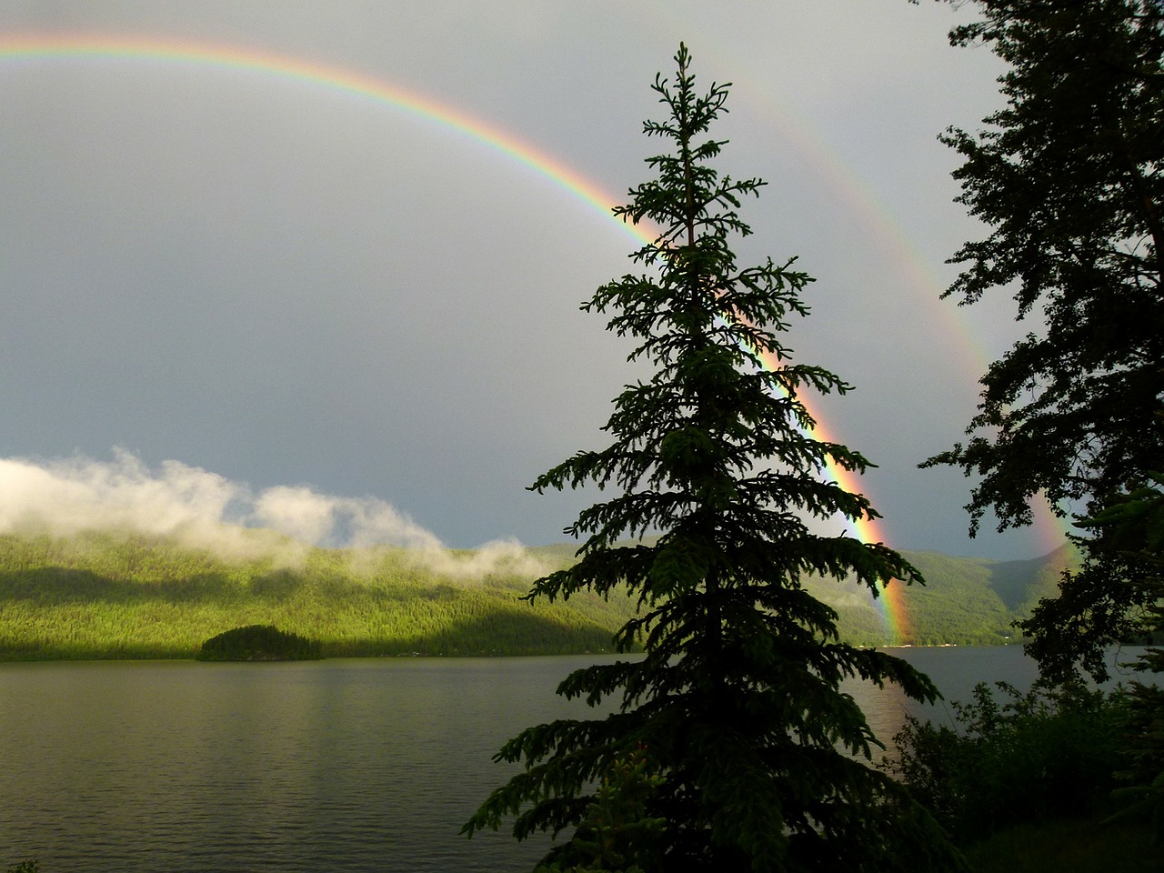 double,rainbow,canim lake,british columbia,canada,weather,thunderstorm,landscape,free pictures, free photos, free images, royalty free, free illustrations, public domain