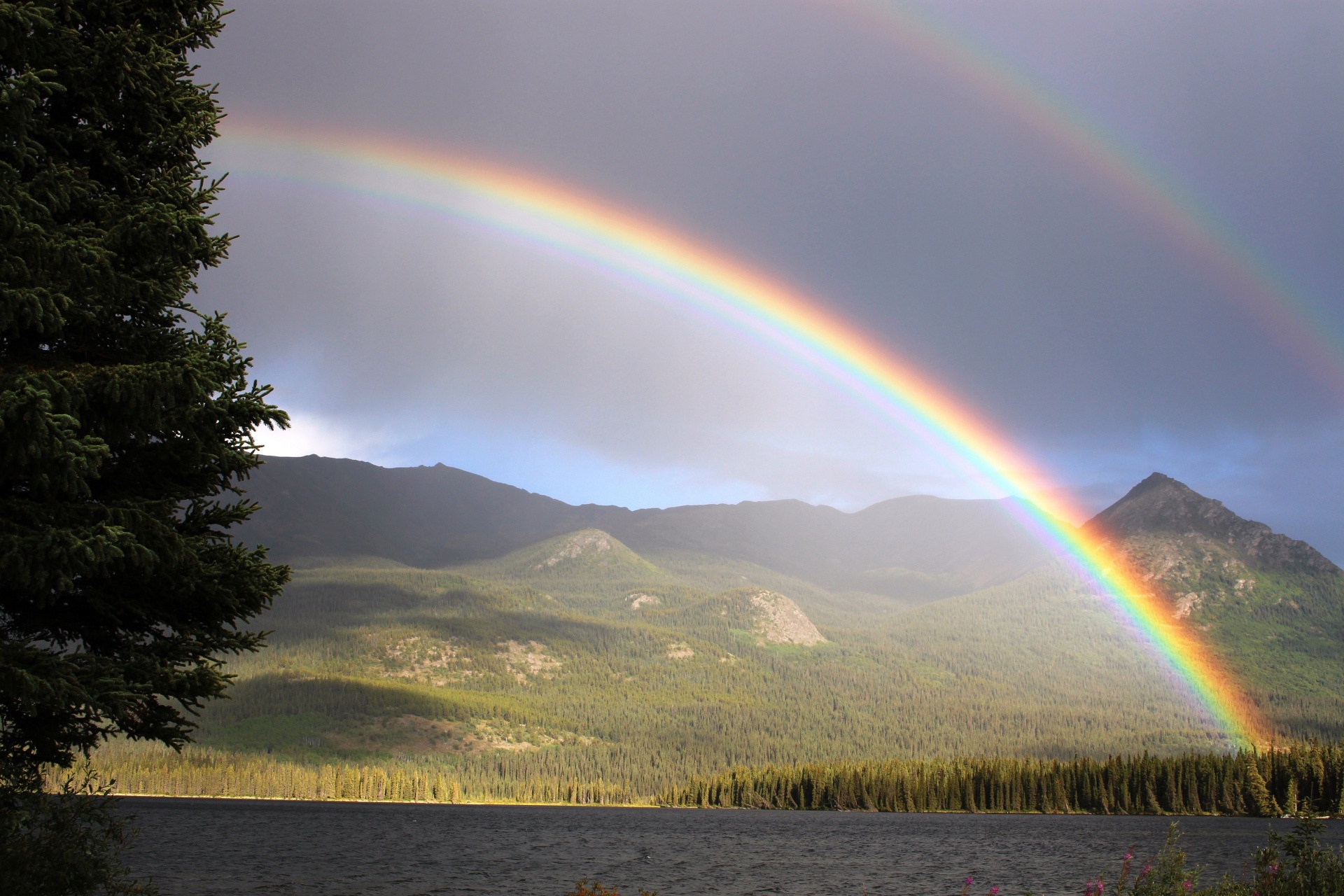 hills rainbow landscape free photo