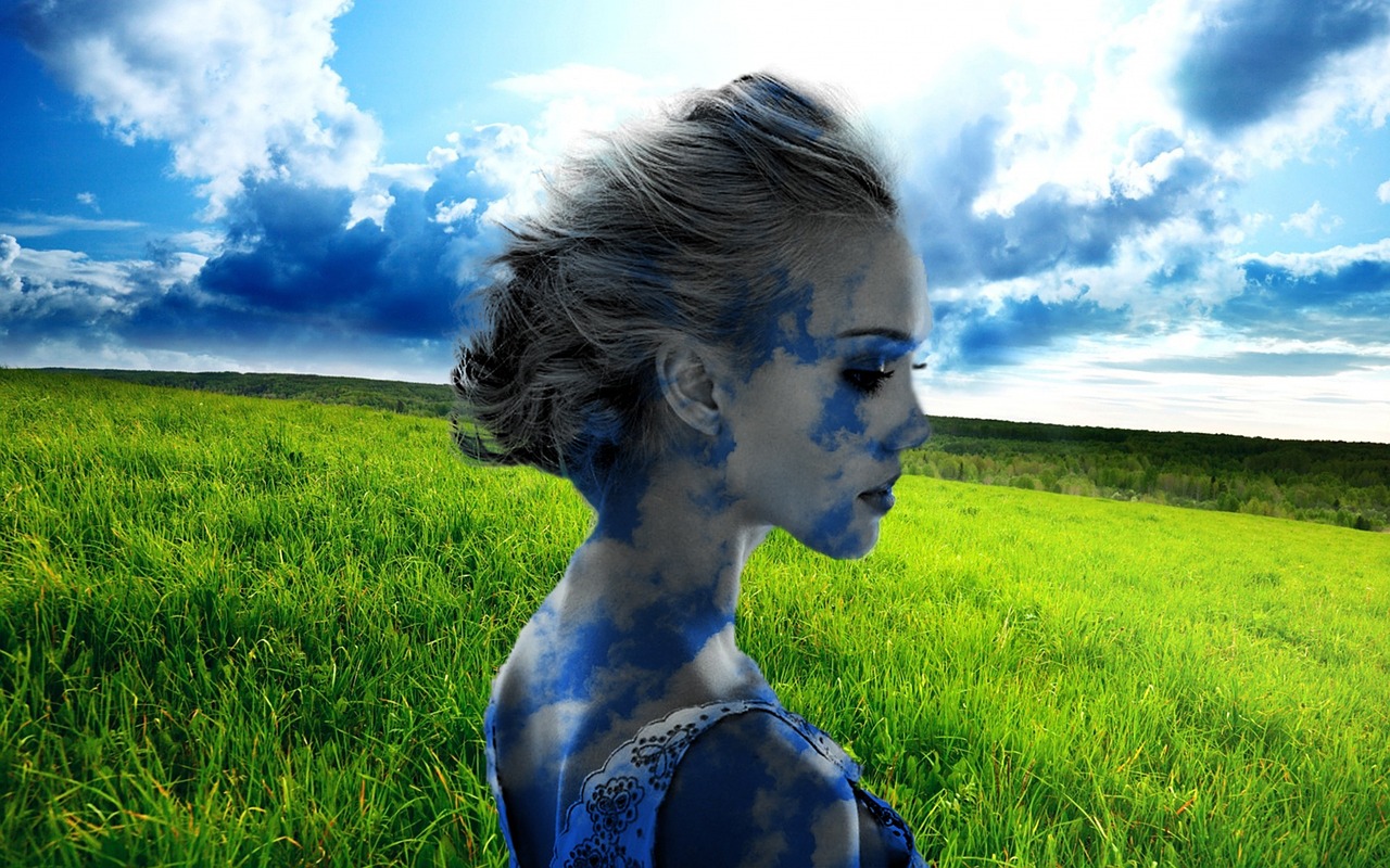 double exposure woman cloudy sky free photo