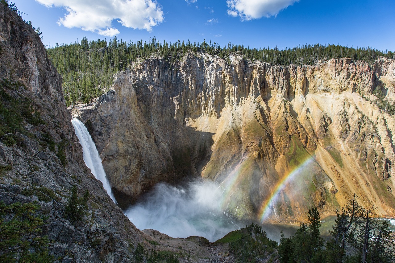 double rainbow waterfall yellowstone falls free photo