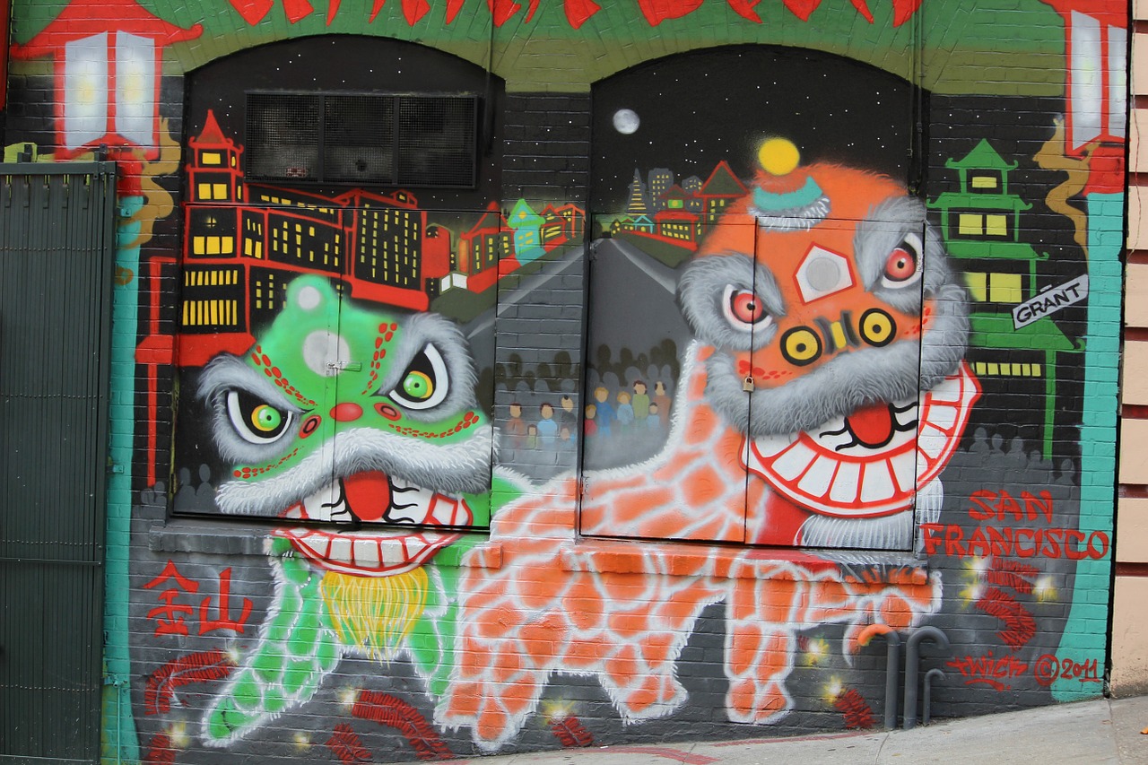 dragons mural chinatown free photo