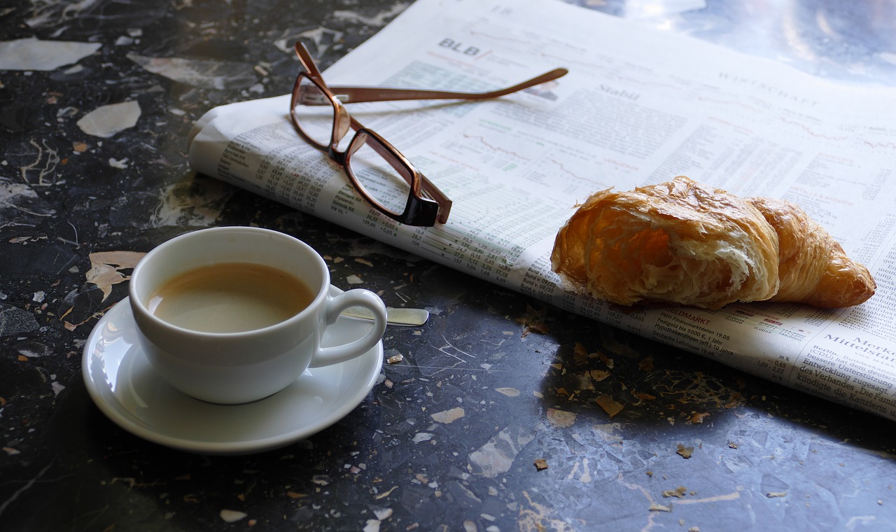 espresso newspaper croissant free photo