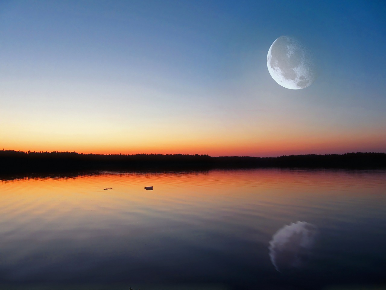evening lake glow big moon free photo