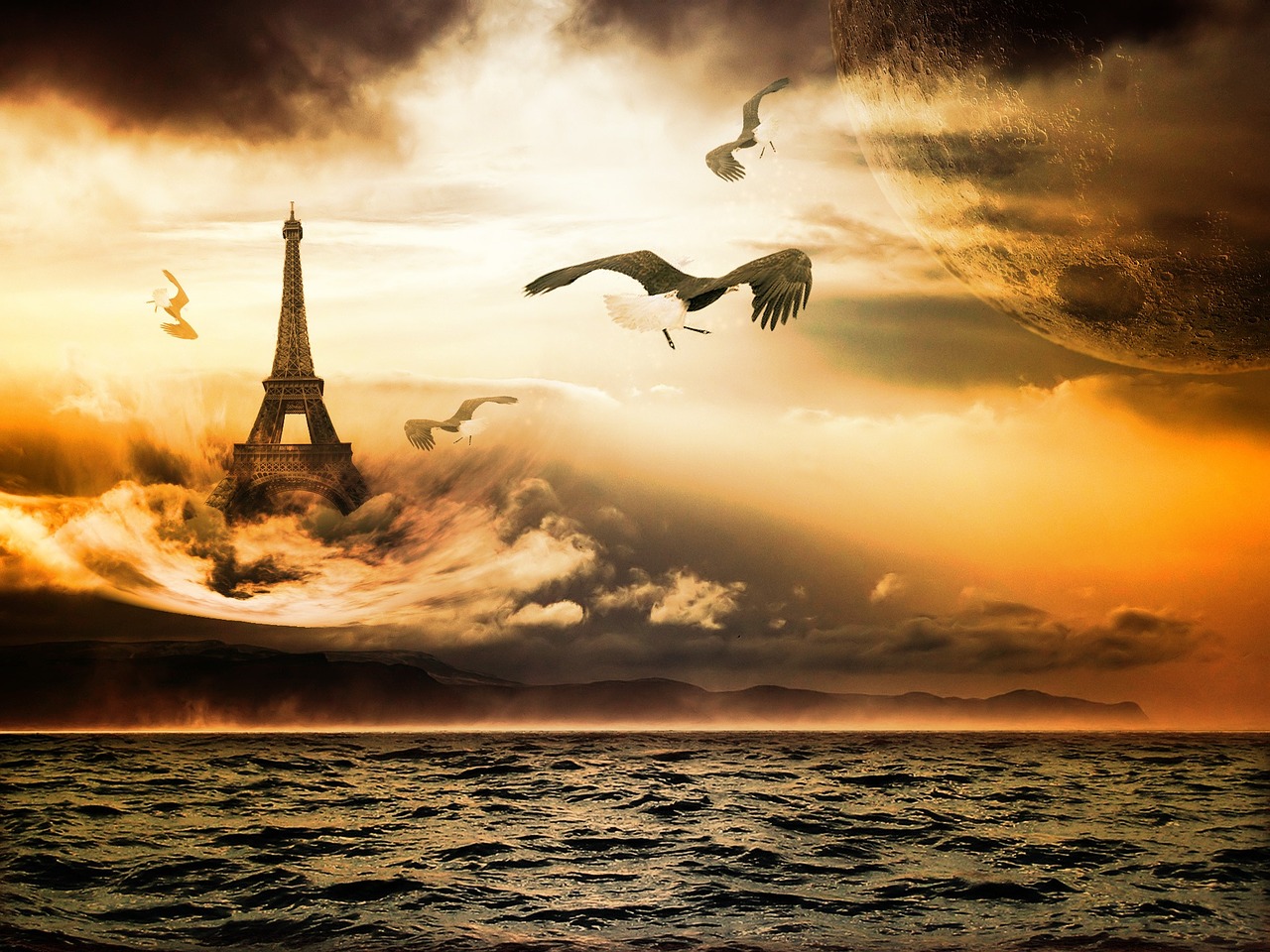 fantasy eiffel tower sea free photo