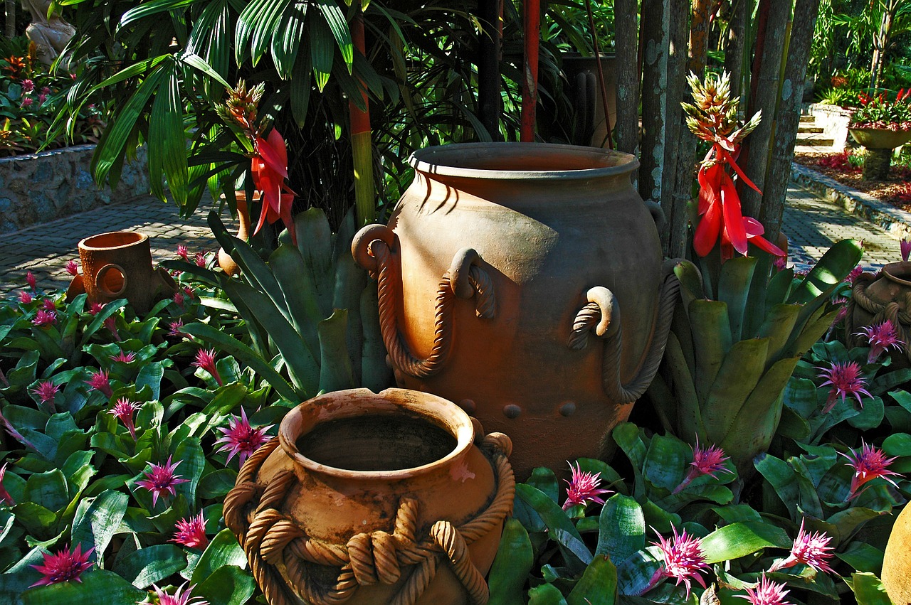 flower bed clay pots park free photo
