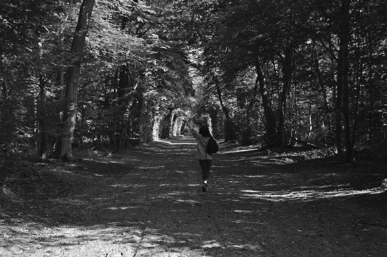 forest black and white woman free photo