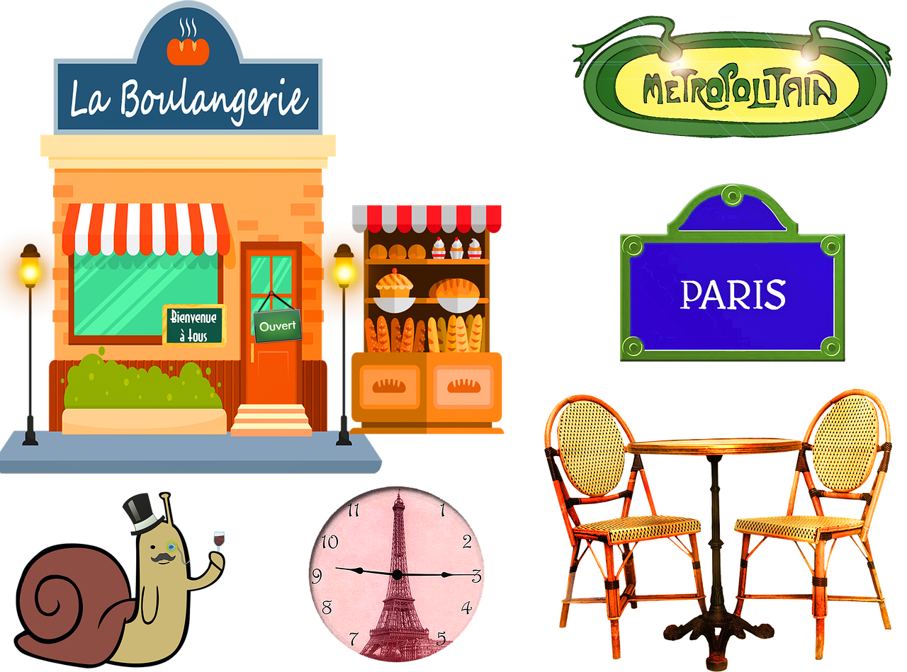 french bakery  paris  table and chairs free photo