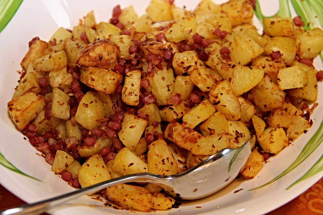 fried potatoes bacon onions free photo