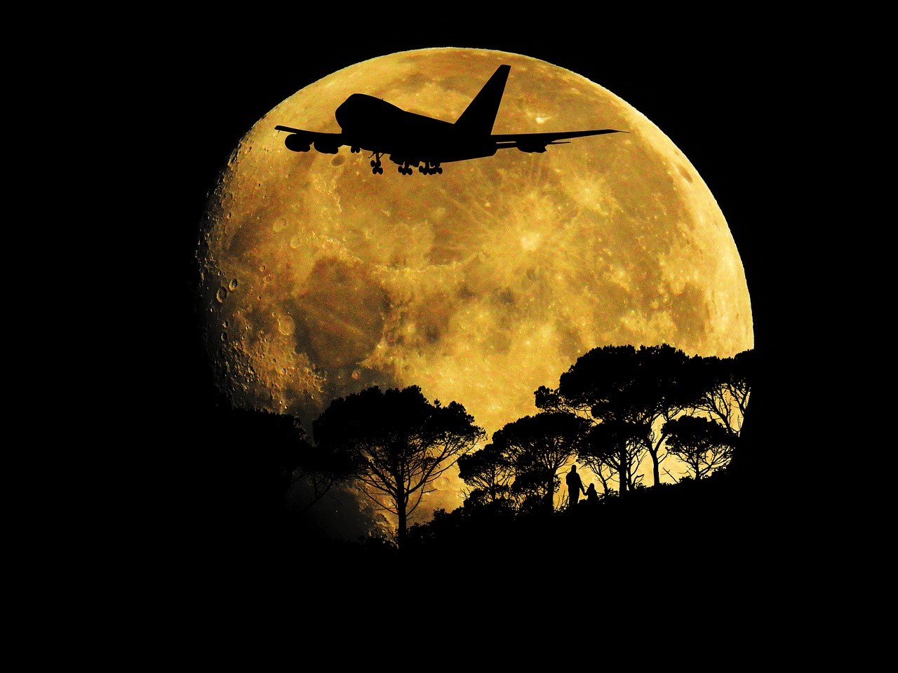 full moon night aircraft free photo