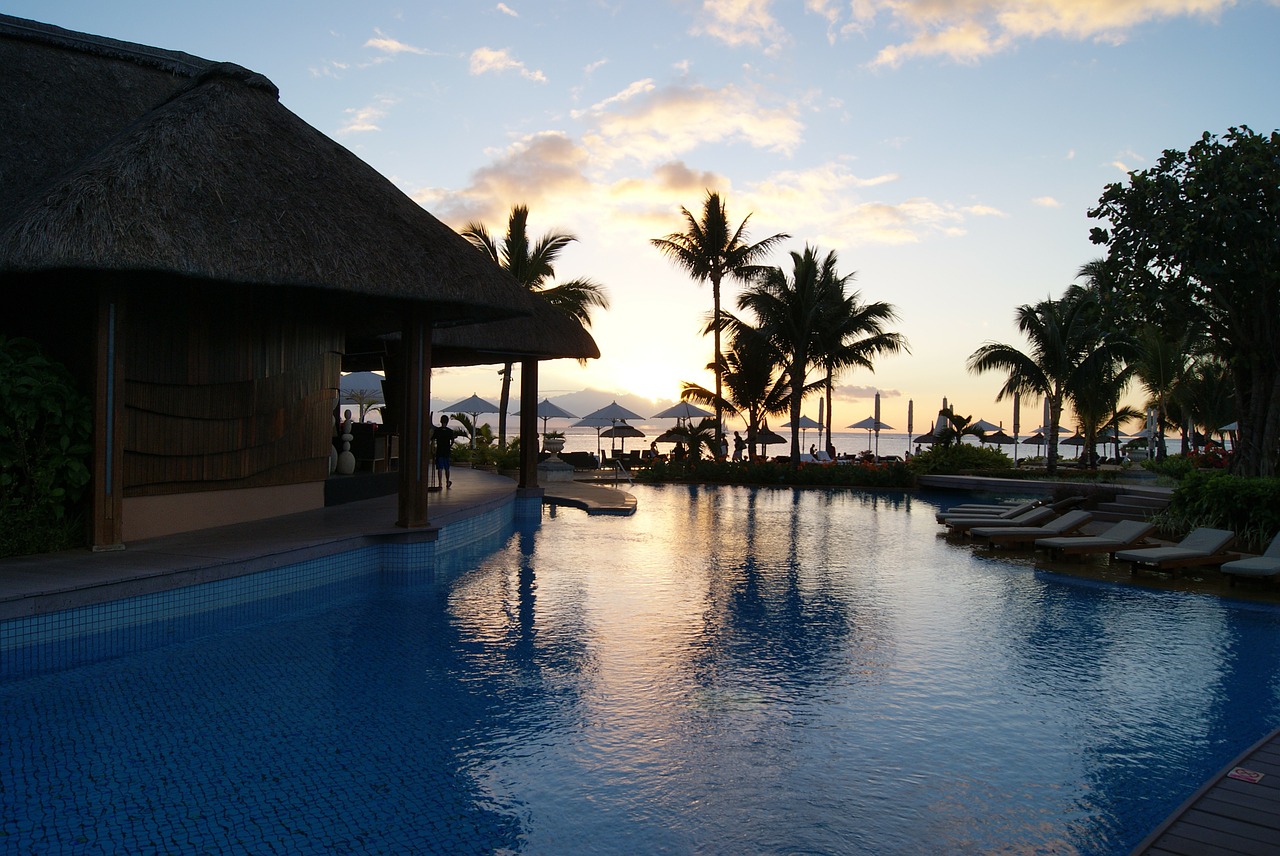 garden pool sunset free photo