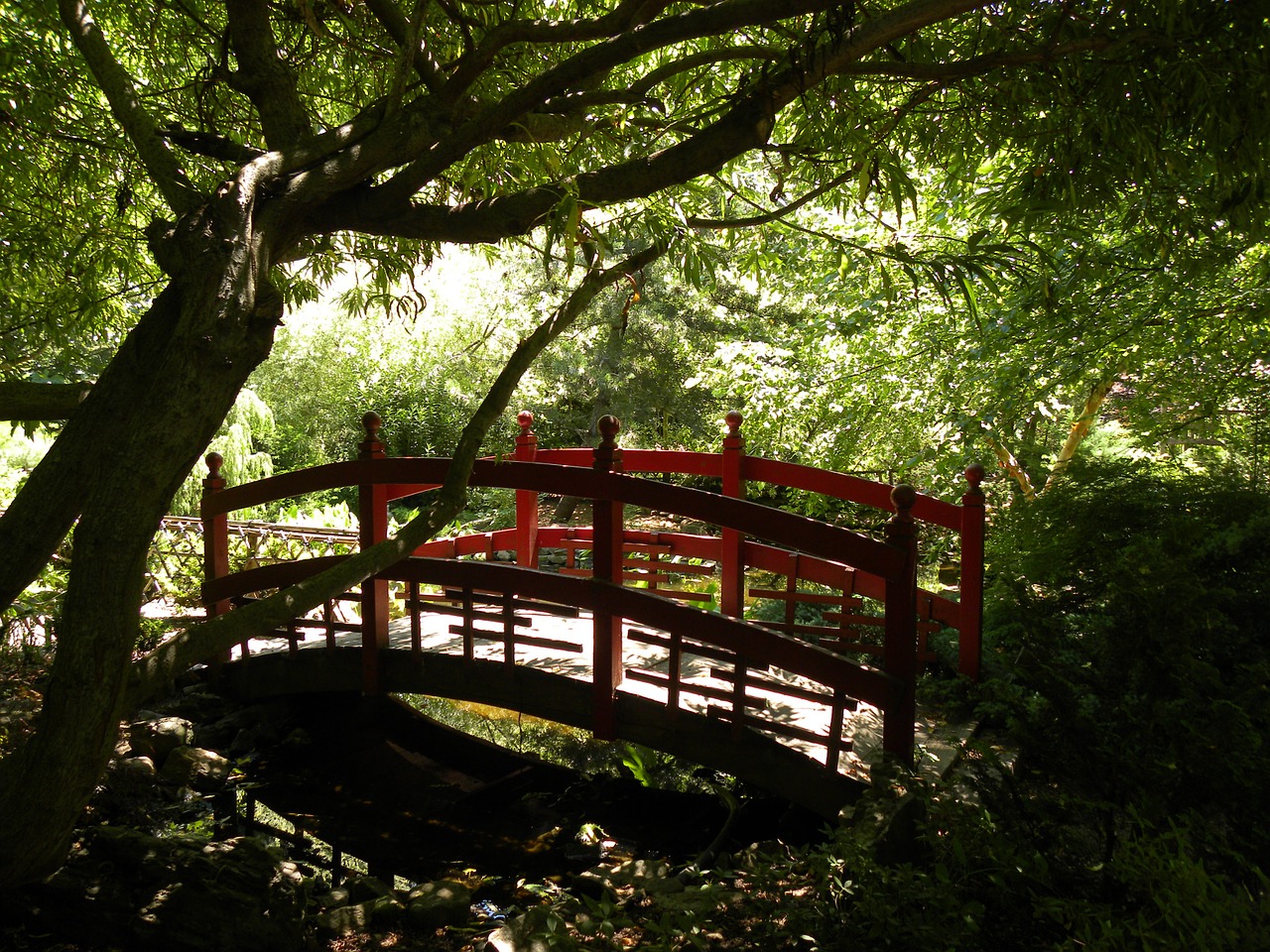 garden red bridge free photo