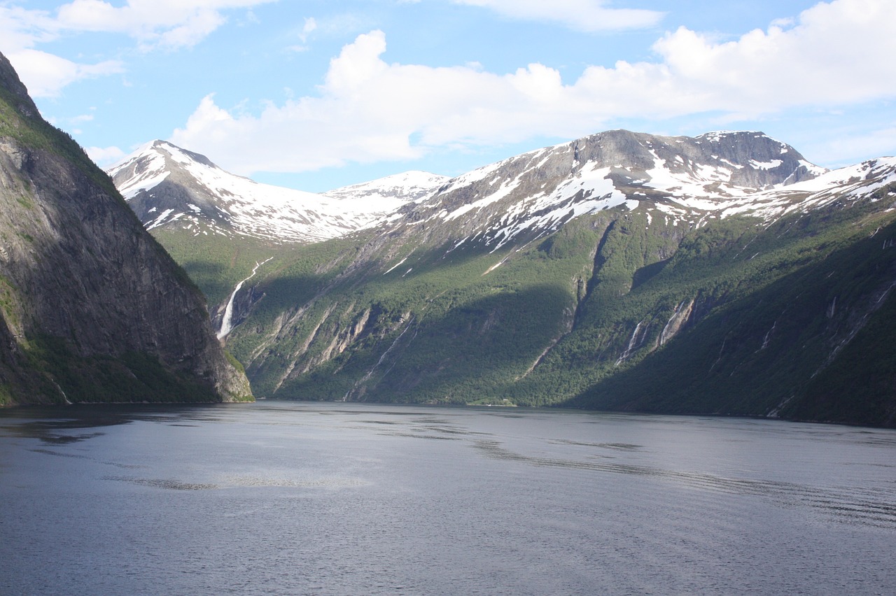 geirangerfjord snowy mountains water free photo