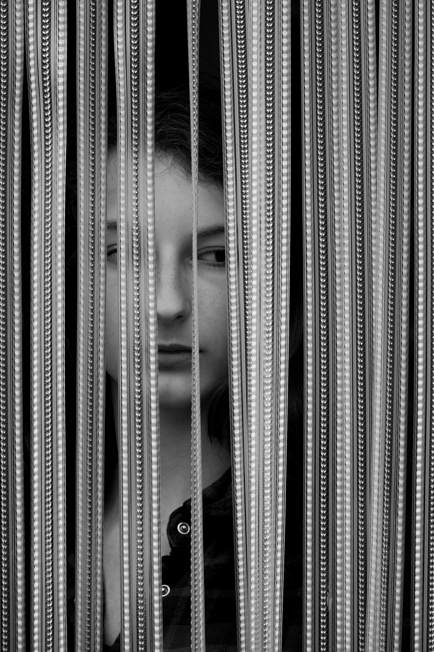 girl curtain black white free photo