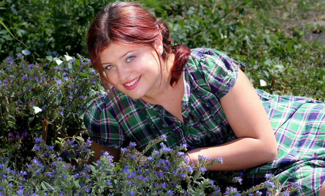 girl green eyes flowers free photo