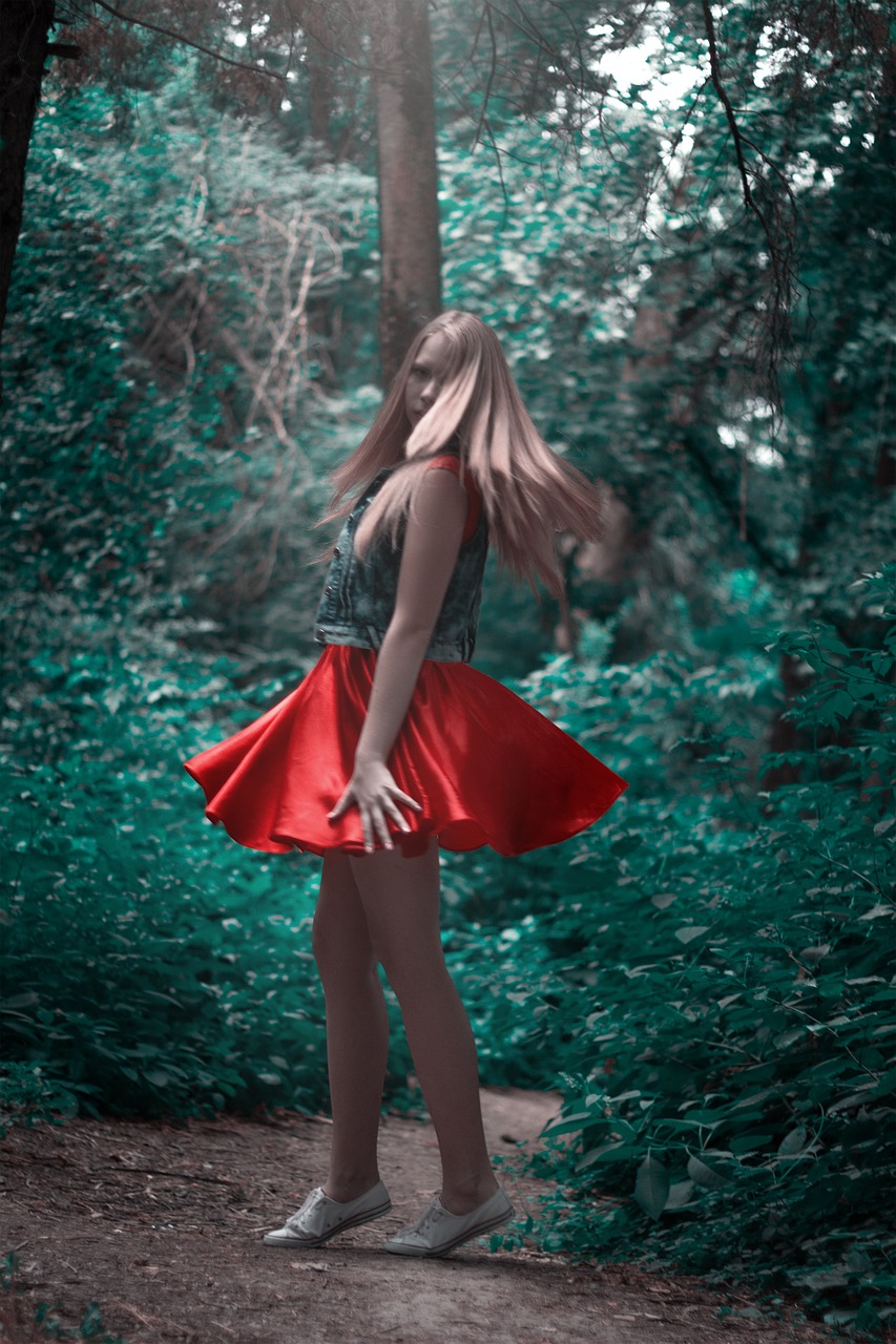 girl red skirt forest free photo