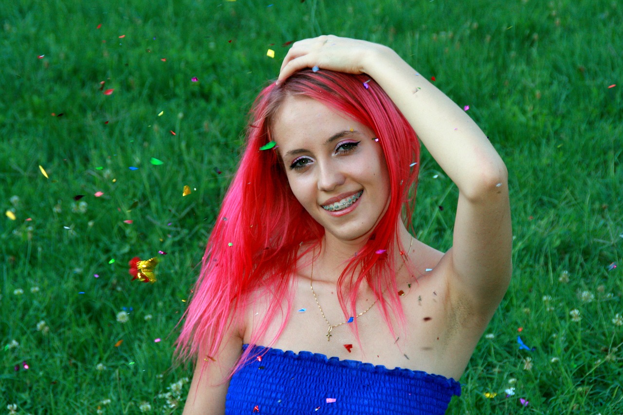 girl pink hair confetti free photo