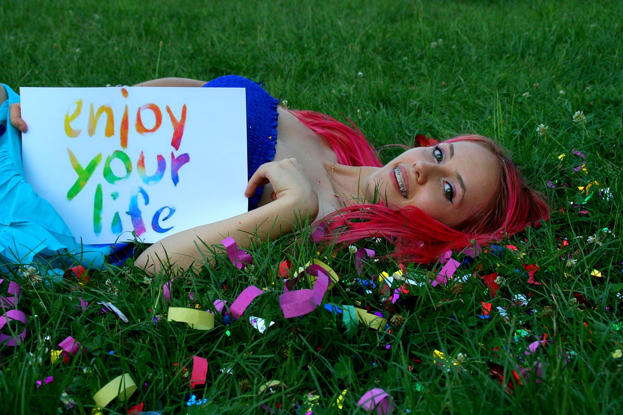 girl pink hair grass free photo