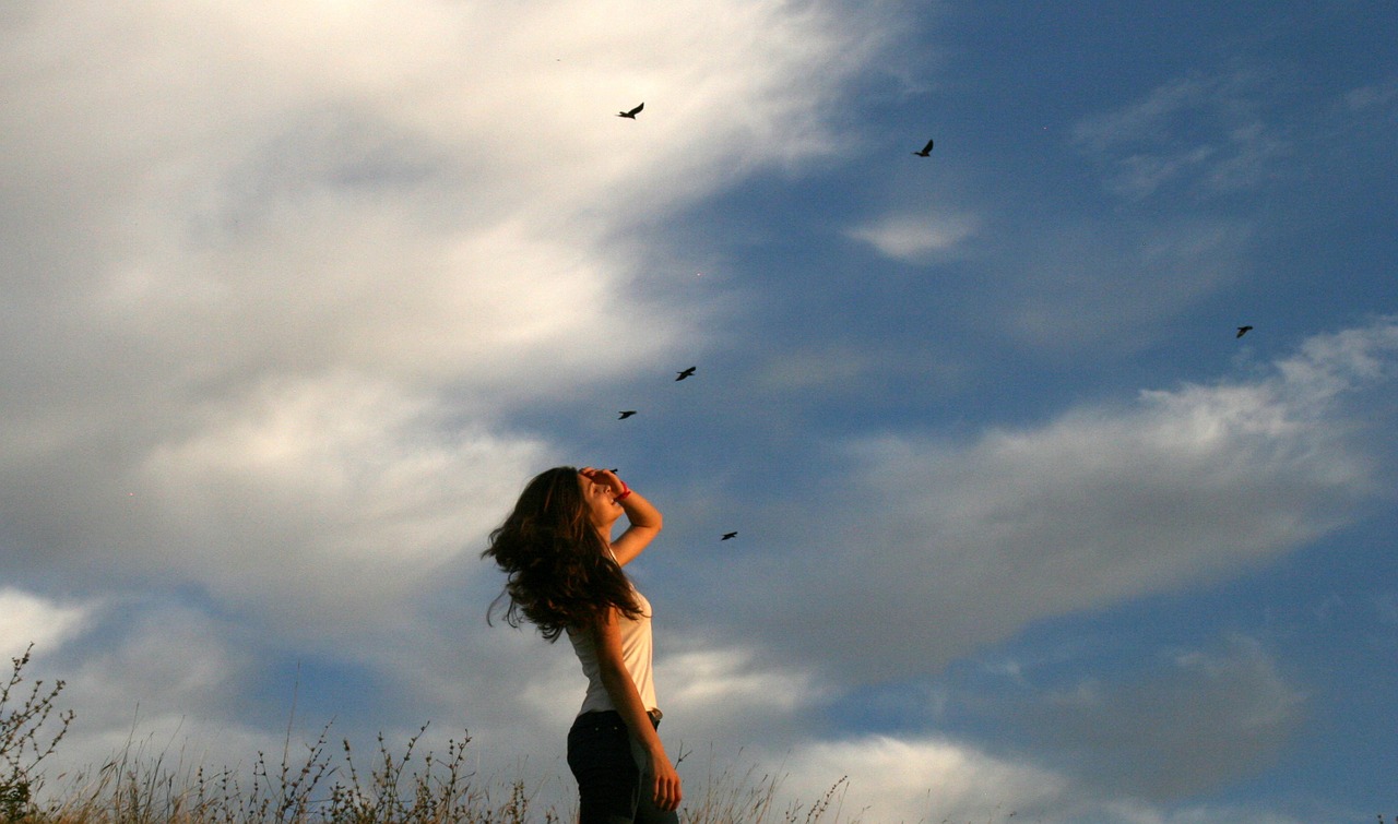 girl cloud birds free photo