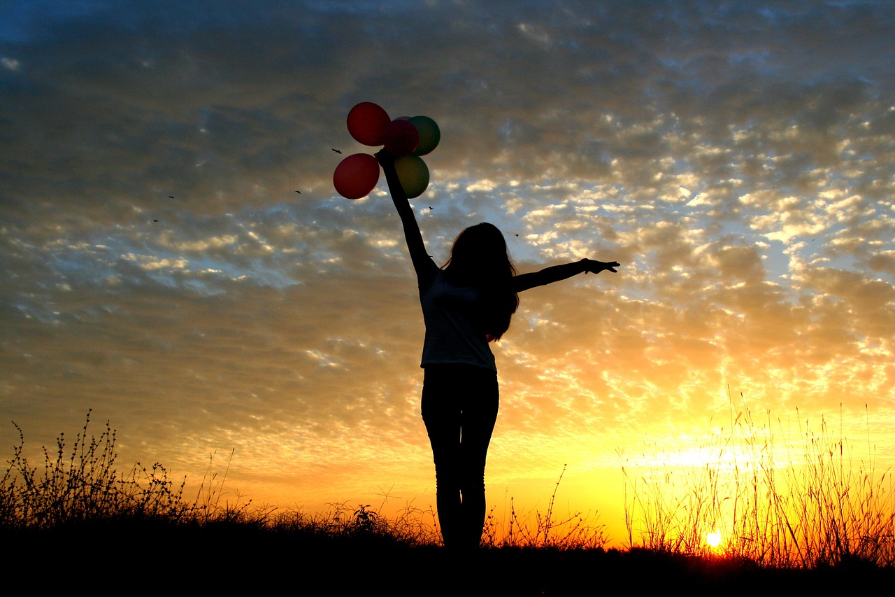 girl sunset balloons free photo