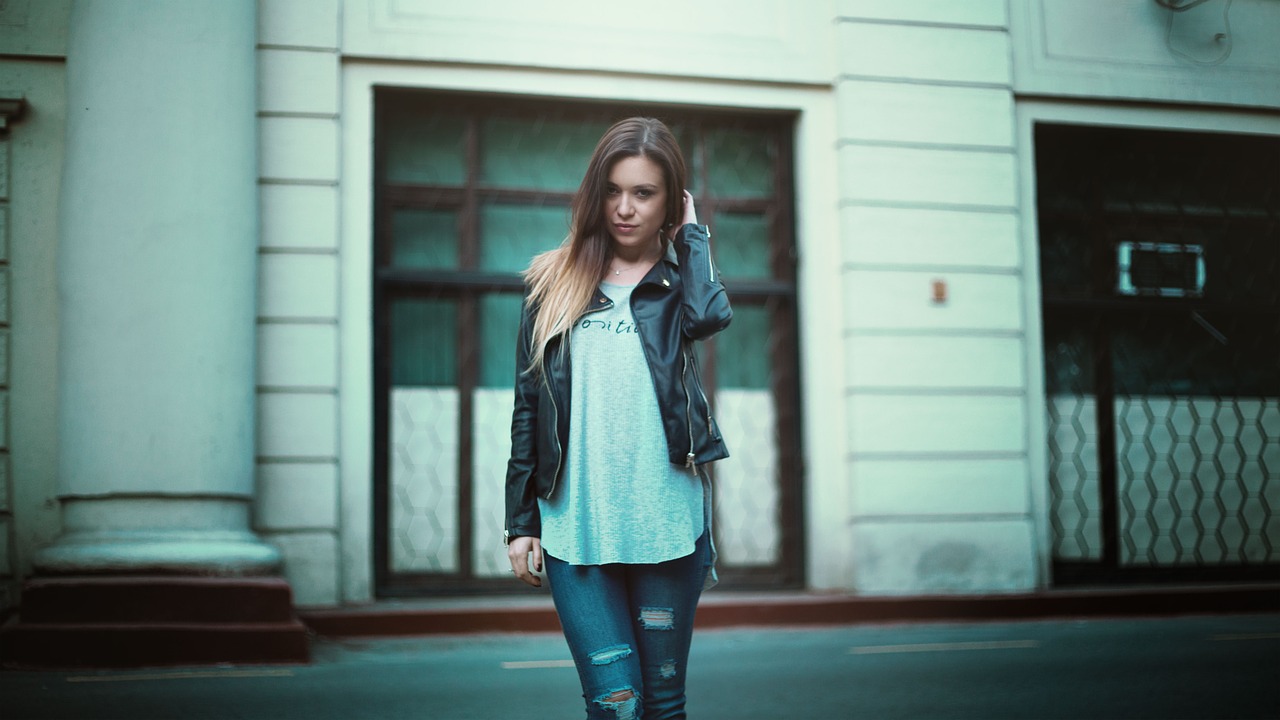 girl in leather jacket beautiful hair free photo