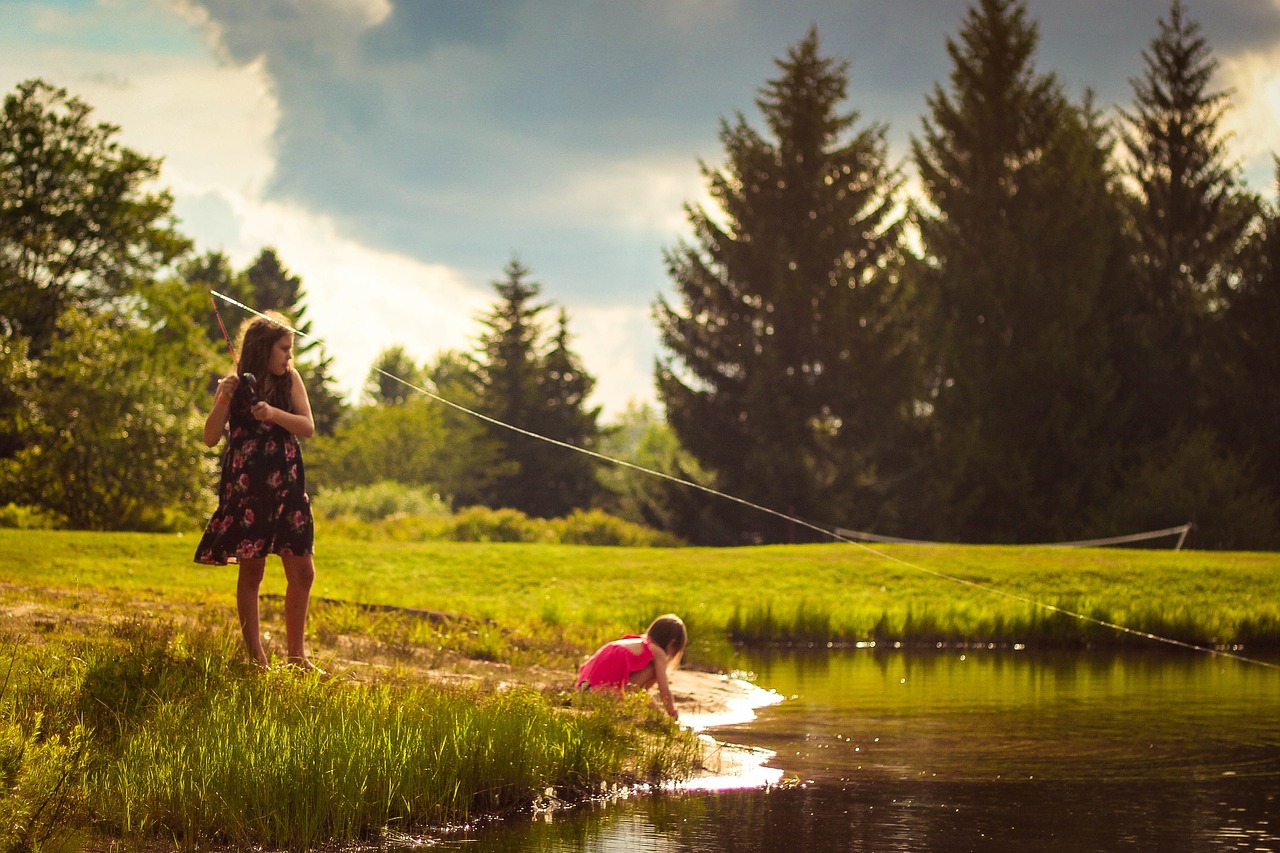 girls fishing creek free photo